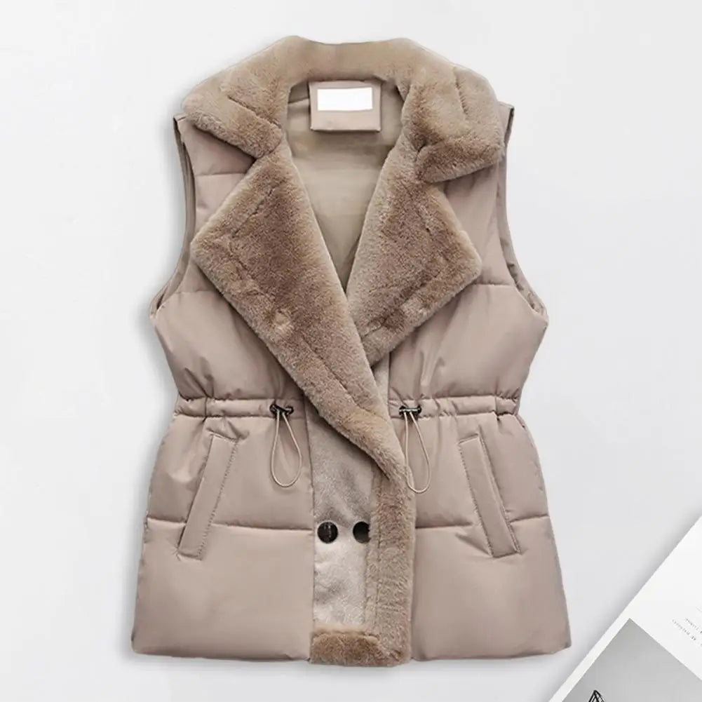 Winter Cotton Fur Integrated Down Vest Womens Puffer Vest Stand Collar Button Down Padded Jacket with Drawstring Waistcoat